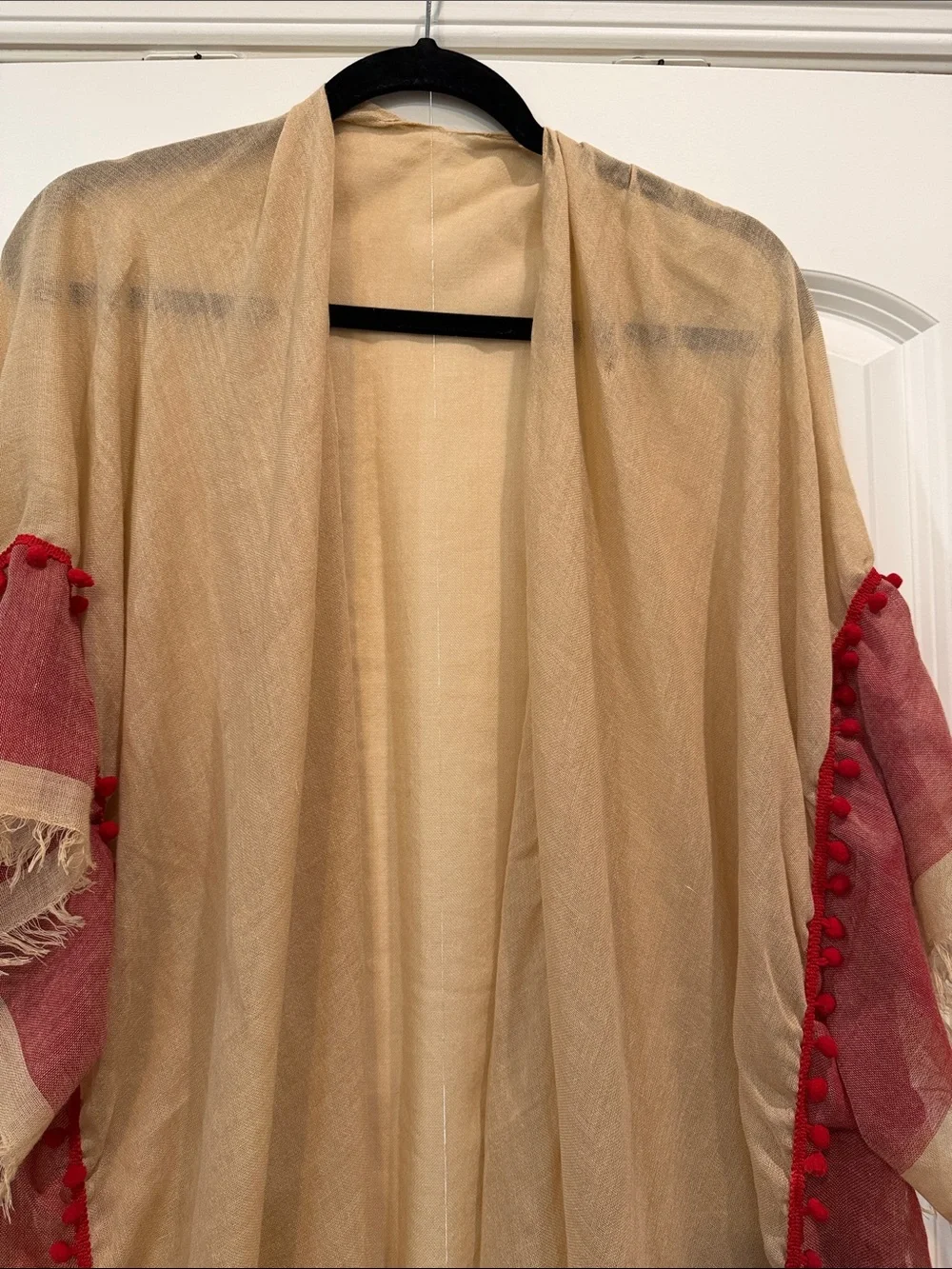 Beige and Red Fringe Swim Coverup Kimono